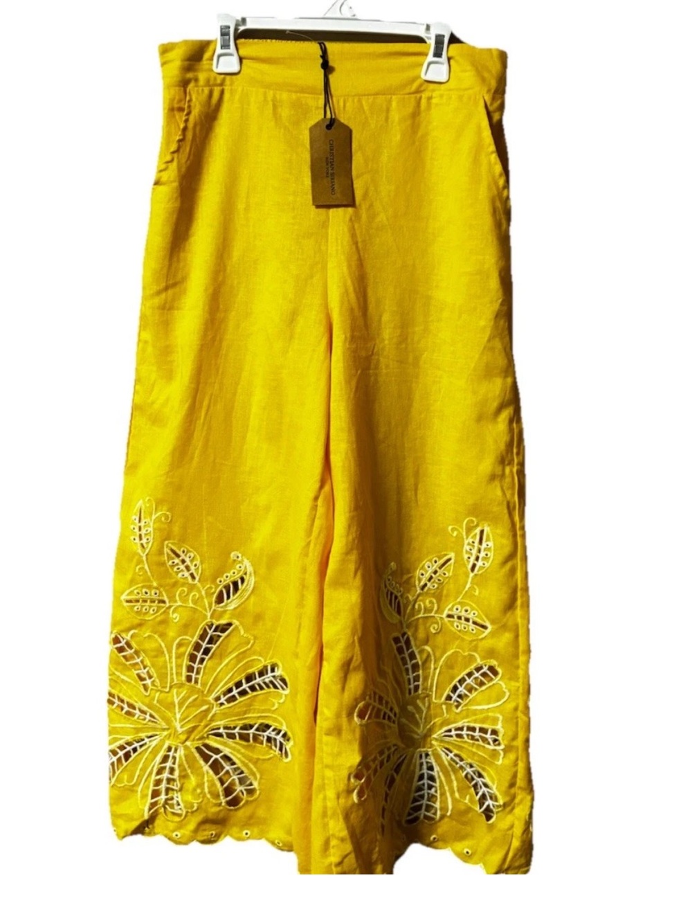 Yellow Embroidered Wide-Leg Linen Pants Christian Siriano small new